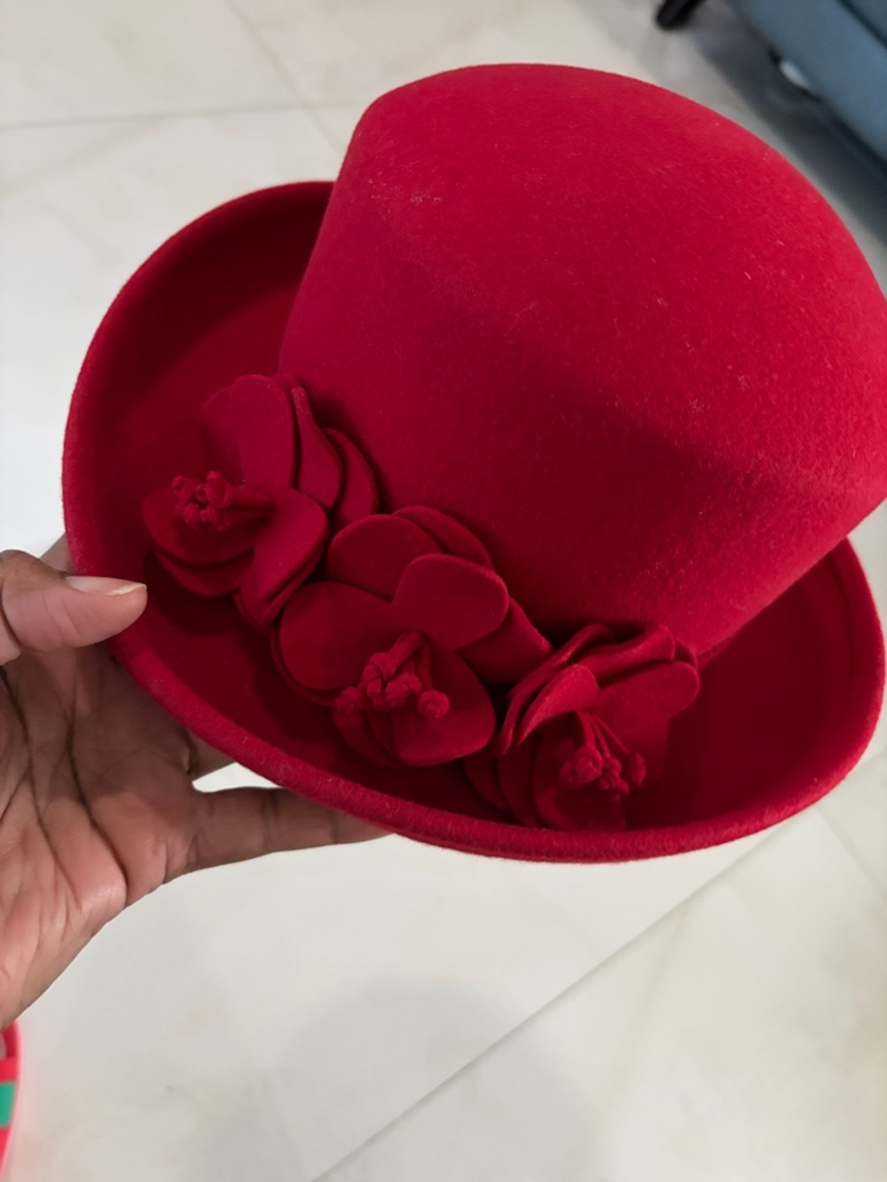 Red Floral Felt Cloche Hat - Women Accessories